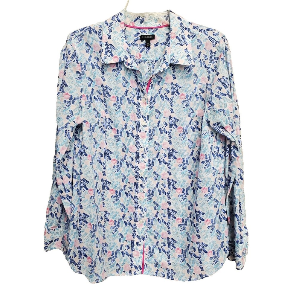Talbots Cotton Floral Ferns Long Sleeve Button-Up Shirt Size Medium
